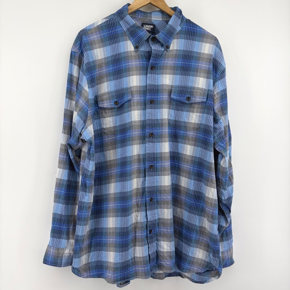 Lands End Mens Blue Plaid Button Down Shirt‎ Long Sleeve Cotton Casual Top L
